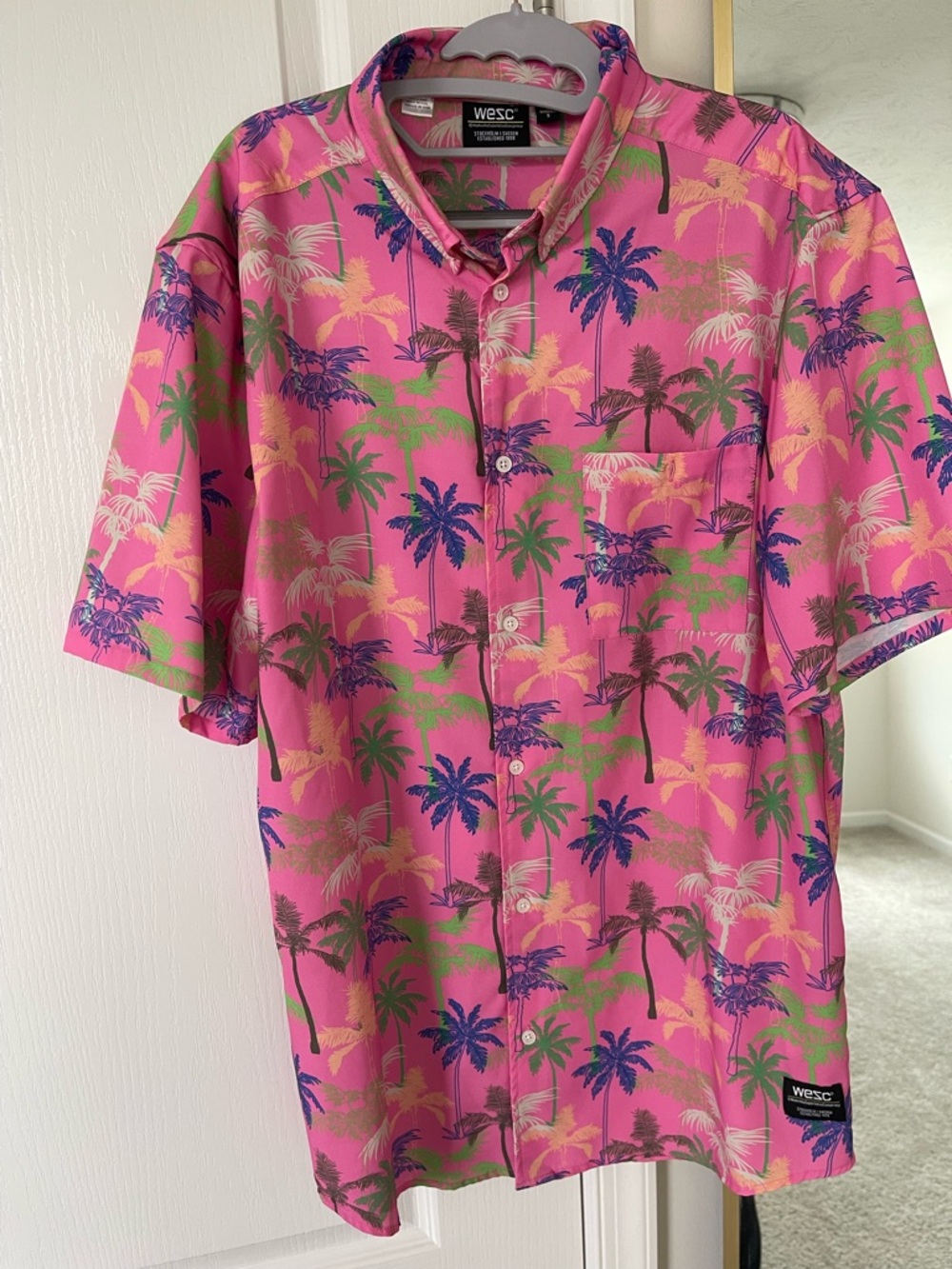 Wesc Pink Palm Tree Short Sleeve Button-Up Shirt